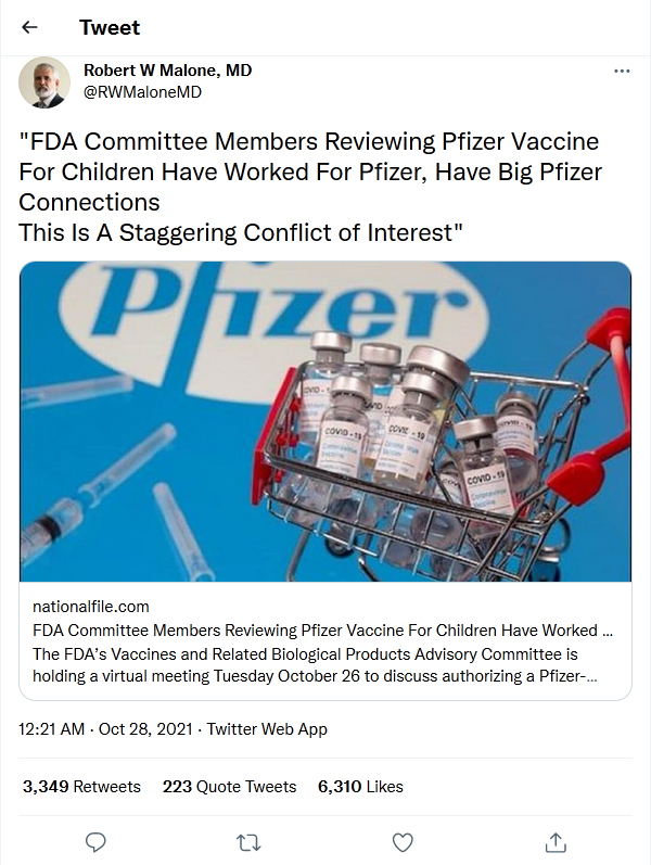 Robert W Malone MD-tweet-27October2021 FDA Pfizer staggering conflict of interest