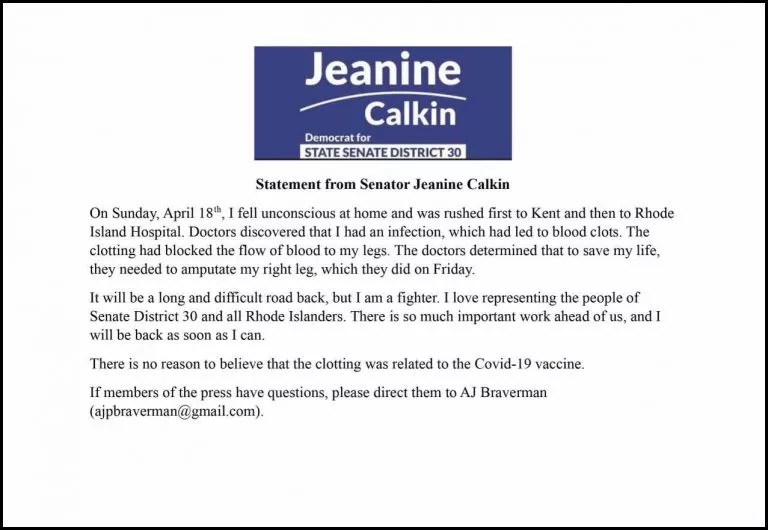 nator Jeanine Calkin Statement Covid Vax lost leg