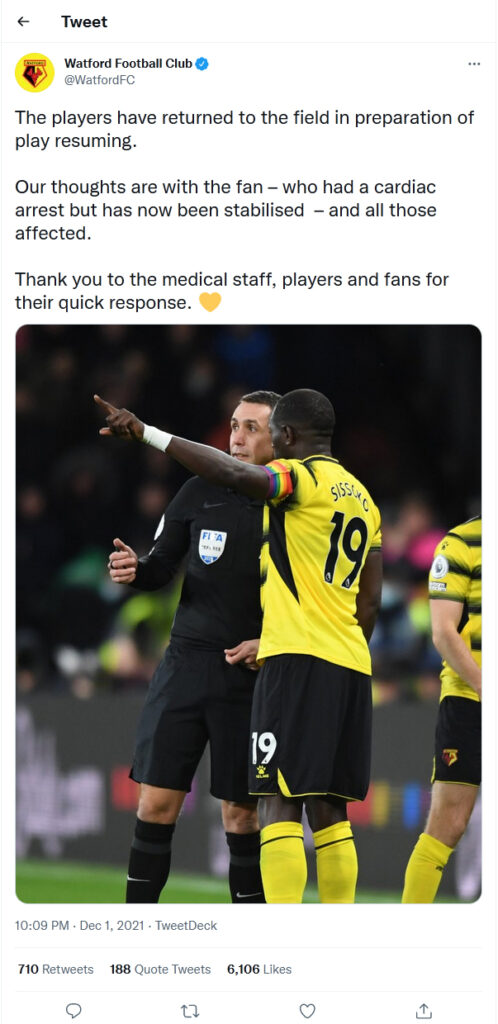 Watford Football Club-tweet-1December2021-fan had a cardiac arrest