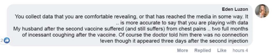 Israel Ministry of Health Let’s talk about the side effects Facebook post comments: chest-pains-Pfizer-30September2021