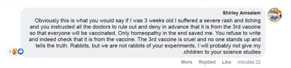 Israel Ministry of Health Let’s talk about the side effects Facebook post comments: severe-rash-and-itching-homeopathy-cures-it-Pfizer-30September2021