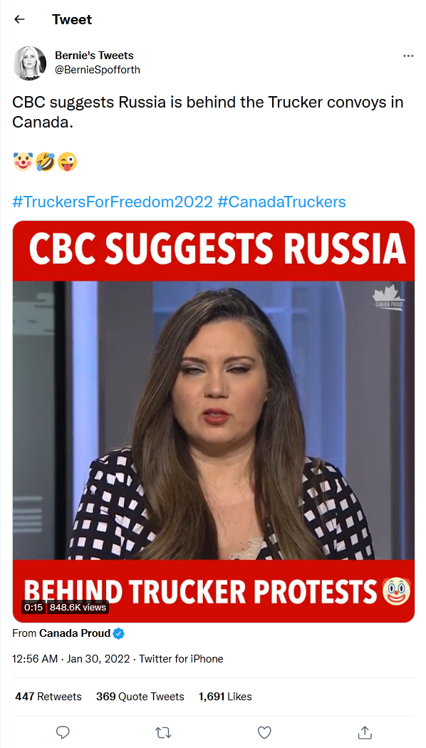 Bernie's-Tweets-30Januray2022-CBC-suggests-Russia-is-behind-the-Trucker-convoys-in-Canada