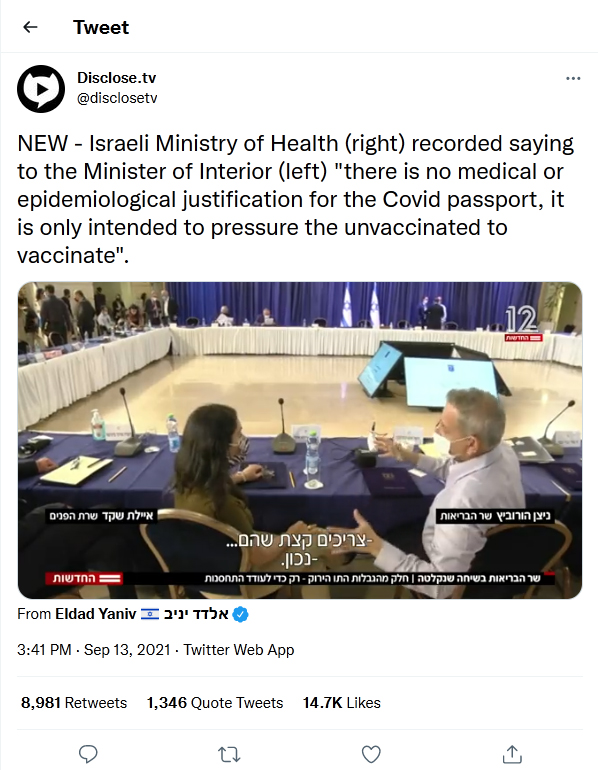 Disclose-tv-tweet-13September2021-Israeli Health Minister Admitting Vaccine Passports Are About Coercion