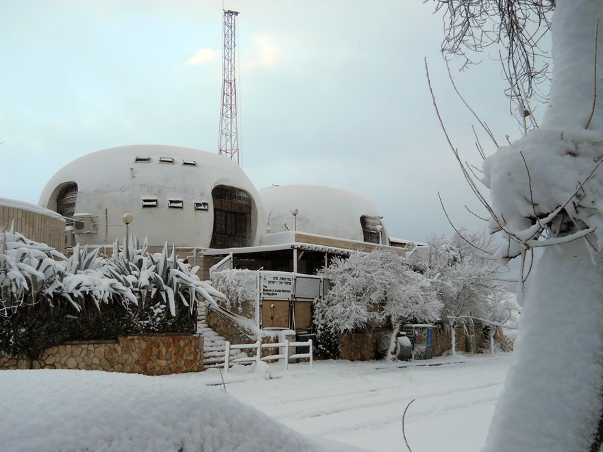 Snow in Southern Jerusalem covering the Hills of Jerusalem. No these are Synagogues (Beit Kenessets) and not Ice Igloos.