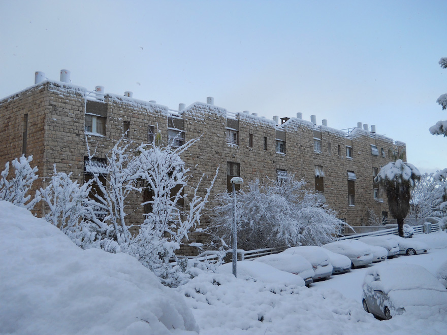 Snow in Southern Jerusalem covering the Hills and Apartment Buildings of Jerusalem