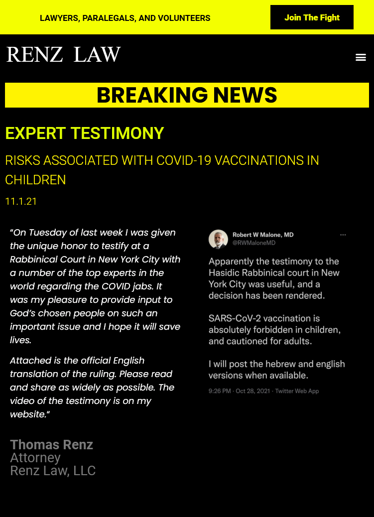 EXPERT TESTIMONY- RISKS ASSOCIATED WITH COVID-19 VACCINATIONS IN CHILDREN- 1November2021 https://renz-law.com/vaccine-risks-for-children/