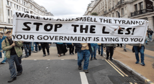 Stop the Lies protest banner