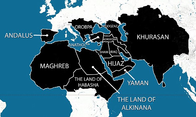 Caliphate: A map purportedly showing the areas ISIS plans to have under its control within five years has been widely shared online. As well as the Middle East, North Africa and large areas of Asia, it also reveals ISIS' ambition to extend into Europe. Spain, which was Muslim-ruled until the late 15th Century, would form part of the caliphate, as would the Balkan states and eastern Europe, up to and including Austria Read more: http://www.dailymail.co.uk/news/article-2674736/ISIS-militants-declare-formation-caliphate-Syria-Iraq-demand-Muslims-world-swear-allegiance.html#ixzz369KgWZIH Follow us: @MailOnline on Twitter | DailyMail on Facebook