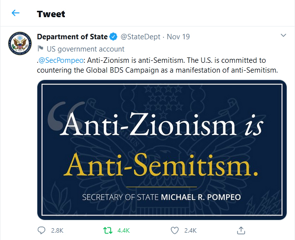 Department-of-State-tweet-19November2020-Anti-Zionism-is-anti-Semitism