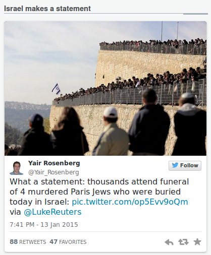 What a statement: thousands attend funeral of 4 murdered Paris Jews who were buried today in Israel: pic.twitter.com/op5Evv9oQm via @LukeReuters Yair Rosenberg @Yair_Rosenberg