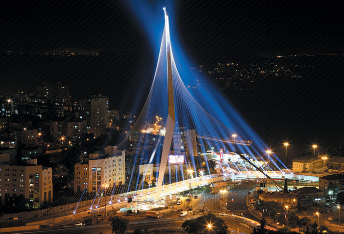 The Jerusalem Chords Bridge or Jerusalem Bridge of Strings גשר המיתרים‎, Gesher HaMeitarim, also called the Jerusalem Light Rail Bridge is a cantilever spar cable-stayed bridge at the entrance to the city of Jerusalem, Israel, designed by the Spanish architect and engineer Santiago Calatrava. The bridge is used by Jerusalem Light Rail’s Red Line, Incorporated in the structure is a glass-sided pedestrian bridge enabling pedestrians to cross from Kiryat Moshe to the Jerusalem Central Bus Station.