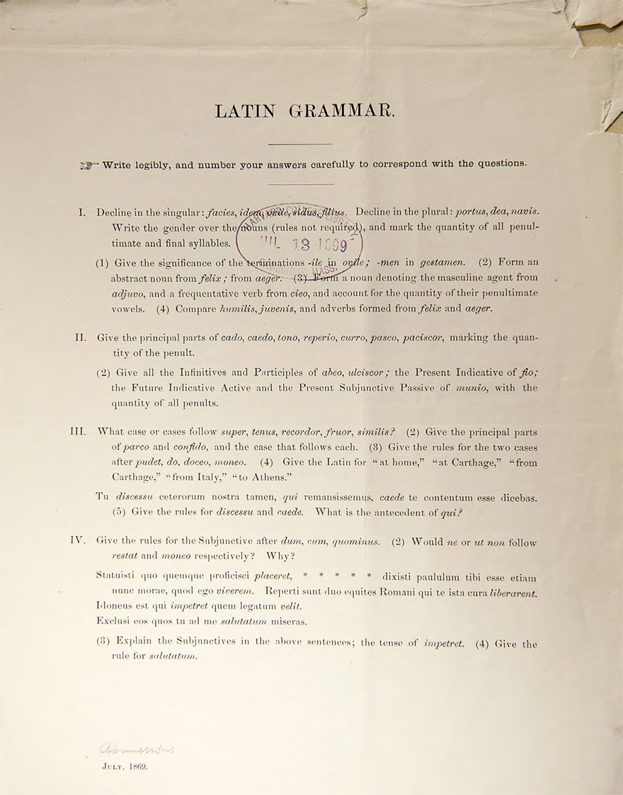 Harvard entrance exam from 1869 -2