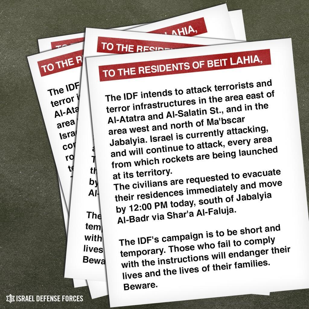 Translation of the leaflets dropped over northern Gaza.