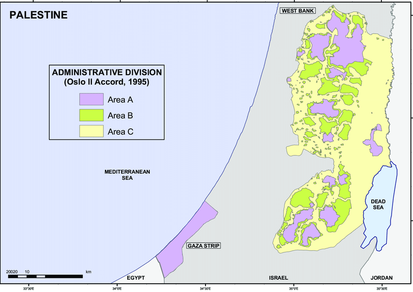Map of Palestine, Oslo II Accord (1995). Administrative Divisions: Areas A, B and C.