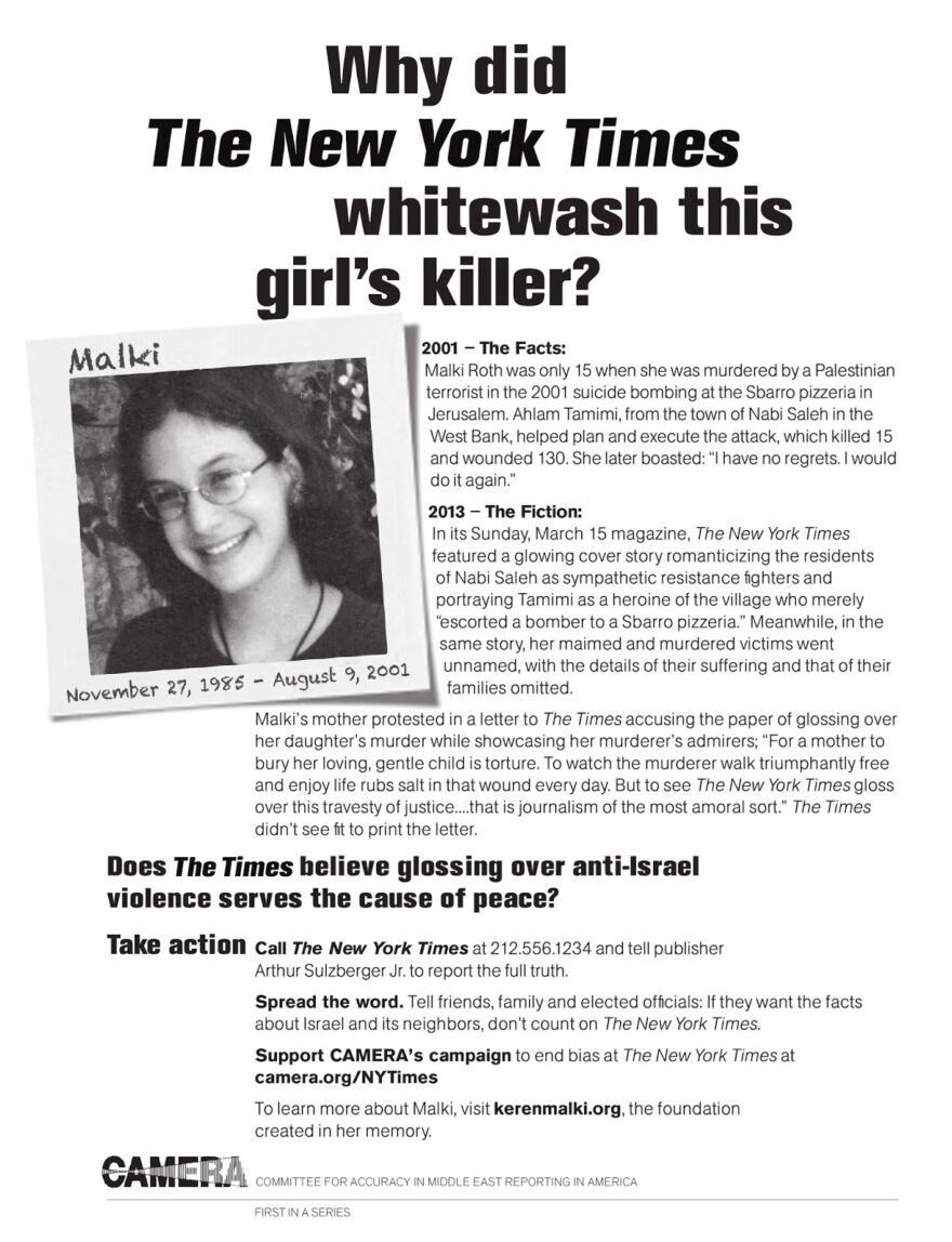 Regular readers of the New York Times may recall that its editors provided an unsurpassed platform, and sickening prominence, to our daughter's murderer six years ago when she was still a prisoner serving multiple life terms (these days, she is out, free as a bird and newly married). We wrote about it here: "28-Jun-07: About sweet-faced young women", "5-Jul-07: A Balance of Views?" and "7-Jul-07: A Palestinian Terrorist". We were as outraged then as today by the ease with which they slid past the grotesque acts for which this woman and her fellow child-killers were responsible, and in which the citizens of bucolic Nabi Saleh take such unconcealed pride.<br />http://thisongoingwar.blogspot.co.il/2013/08/9-aug-13-protesting-journalism-of-most.html