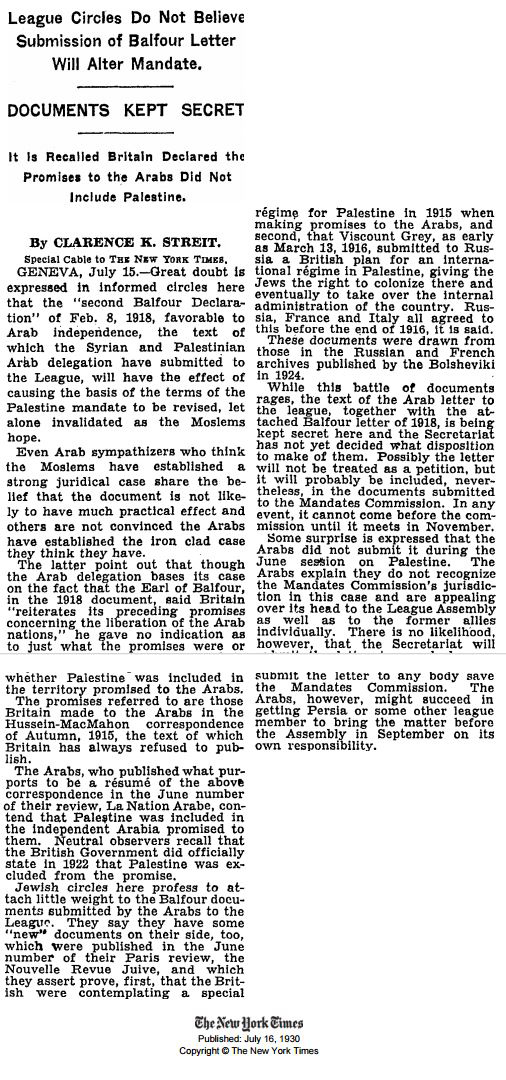 New York Times Documents kept secret--balfour-16July1930