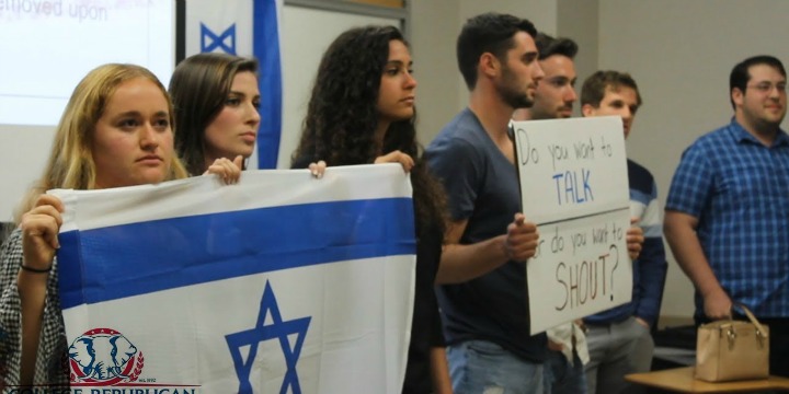 Pro-Israel activists face down disruptive protesters at a University of California Irvine event with Reservists on Duty, May 3, 2018. Photo: YouTube screenshot.