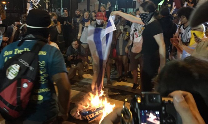 Protester burn Israeli flag outside DNC, Byron Tau/ Wall Street Journal