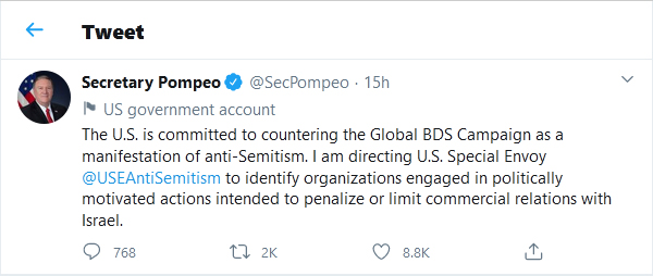 Secretary-Pompeo-tweet-19November2020-BDS-AntiSemitism