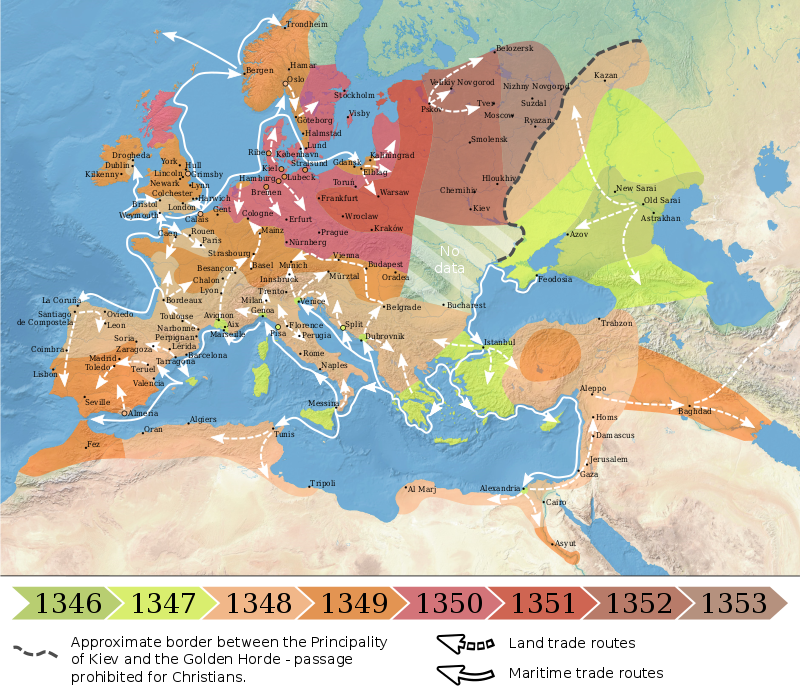 Spread of the Black Death in Europe and the Near East (1346–1353) By Flappiefh - Own work from:Natural Earth ;The origin and early spread of the Black Death in Italy: first evidence of plague victims from 14th-century Liguria (northern Italy) maps by O.J. Benedictow., CC BY-SA 4.0, https://commons.wikimedia.org/w/index.php?curid=66468361