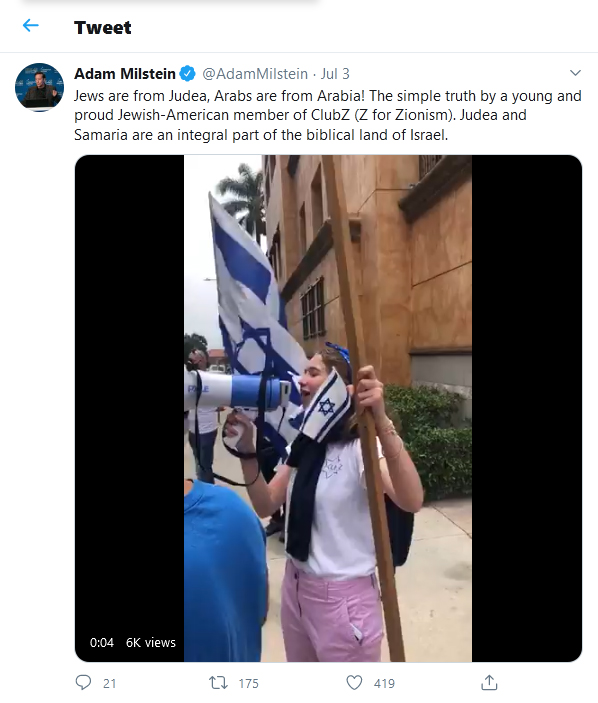 Adam-Millstein-tweet-03July2020 Jews are from Judea, Arabs are from Arabia! The simple truth by a young and proud Jewish-American member of ClubZ (Z for Zionism). Judea and Samaria are an integral part of the biblical land of Israel.