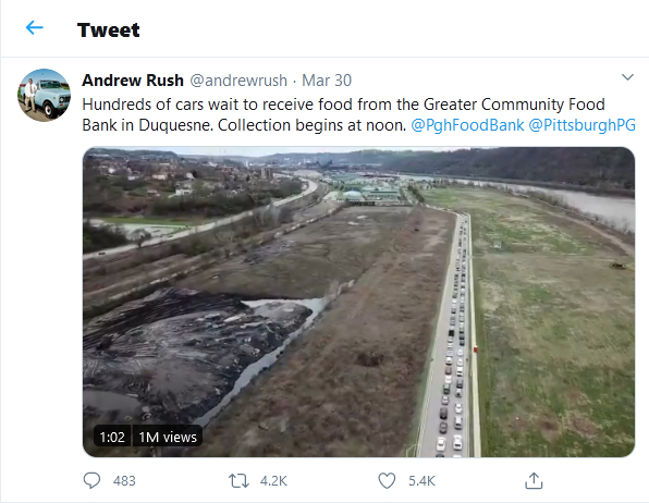 Andrew Rush tweet 30March2020 Hundreds of cars wait to receive food from the Greater Community Food Bank in Duquesne. Collection begins at noon. @PghFoodBank @PittsburghPG