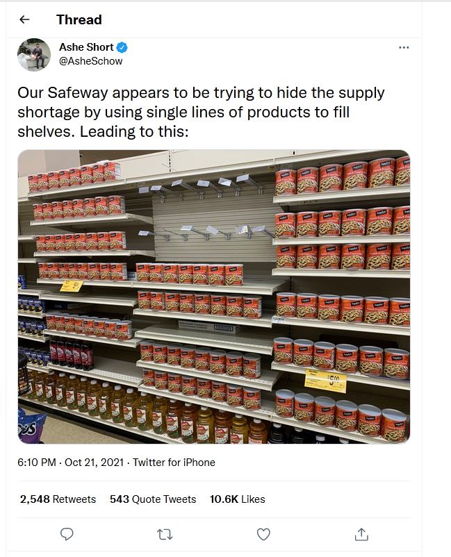 Ashe Schow-tweet-21October2021-hide the supply shortage by using single lines of products