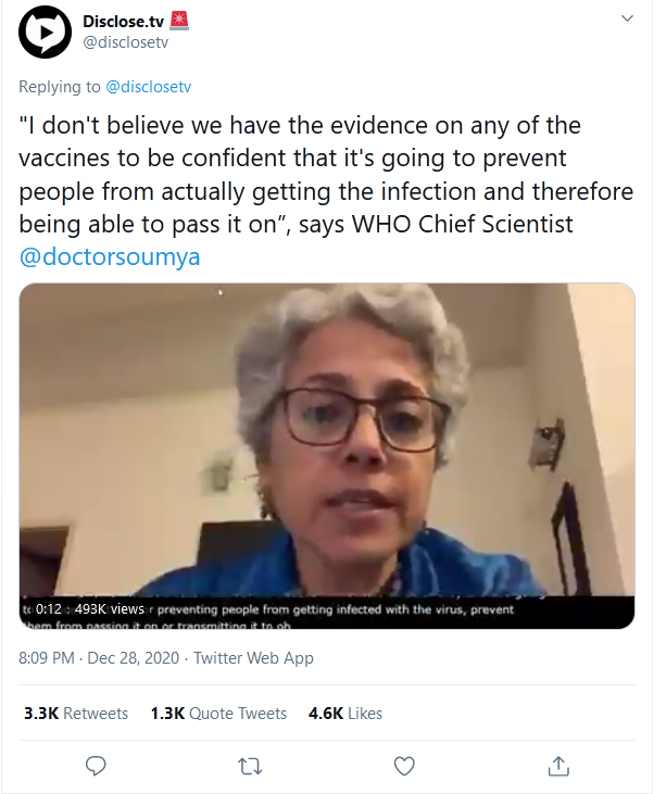 WHO Chief Scientist Disclose-tv-tweet-28December2020-Covid vaccine not prevent infection transmission 