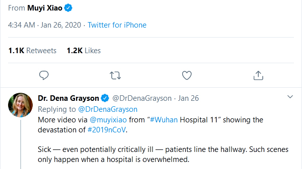 Dr. Dena Grayson-26Jan2020 video tweet: VIDEO from a hospital in Wuhan, China