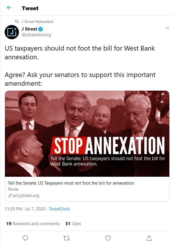 J-Street-tweet-07July2020 US taxpayers should not foot the bill for West Bank annexation. Agree? Ask your senators to support this important amendment: