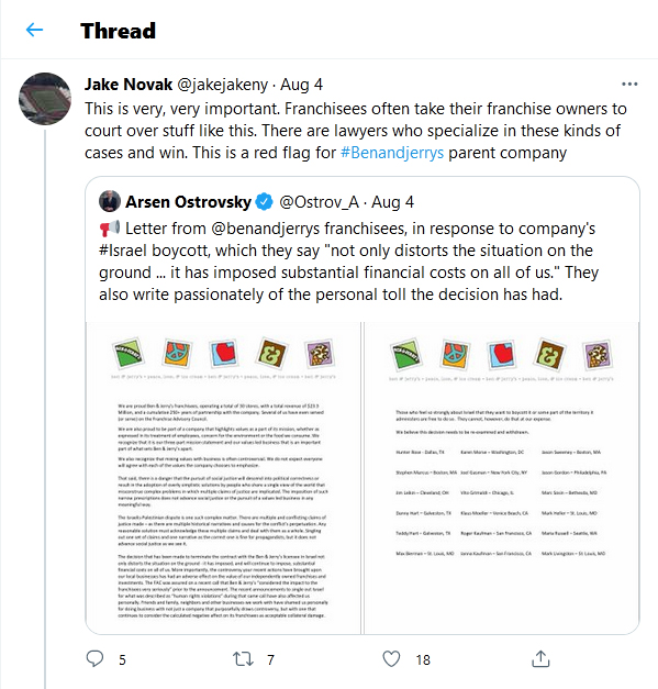 Jake Novak @jakejakeny · Aug 4 This is very, very important. Franchisees often take their franchise owners to court over stuff like this. There are lawyers who specialize in these kinds of cases and win. This is a red flag for #Benandjerrys parent company