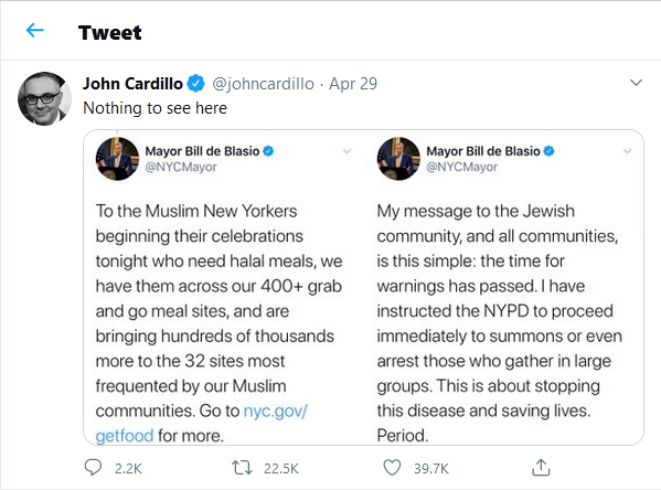 New York City Mayor Bill de Blasio tweets one to the Jews and one to the Muslims