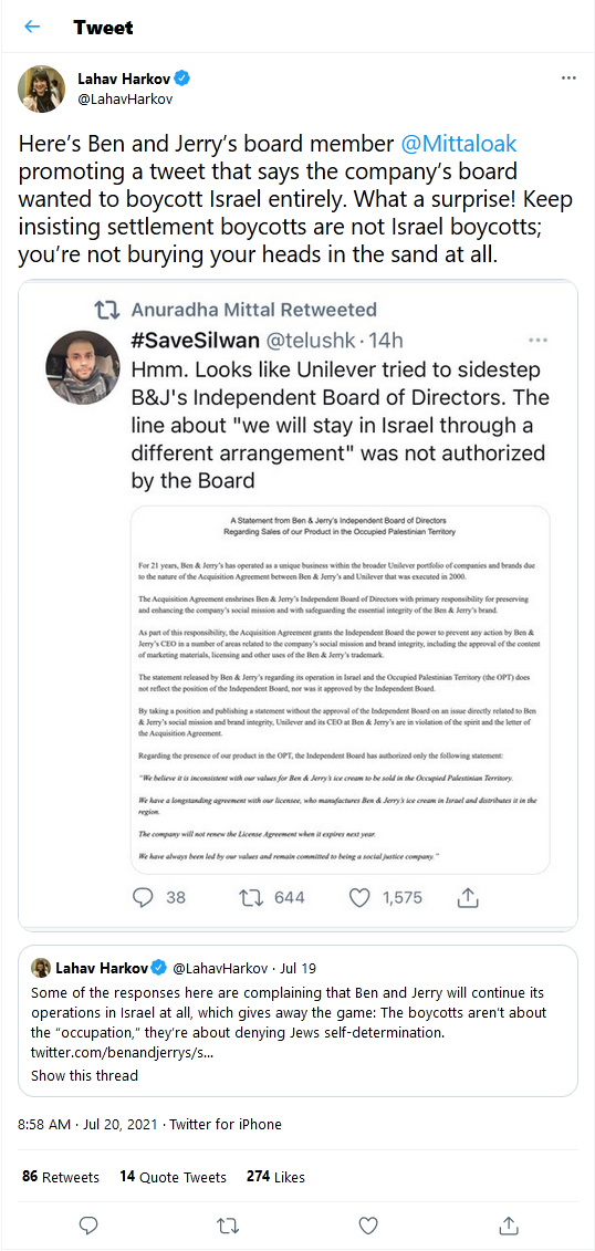 Lahav-Harkov-tweet-20July2021-Here’s Ben and Jerry’s board member Mittaloak promoting a tweet that says the company’s board wanted to boycott Israel entirely.
