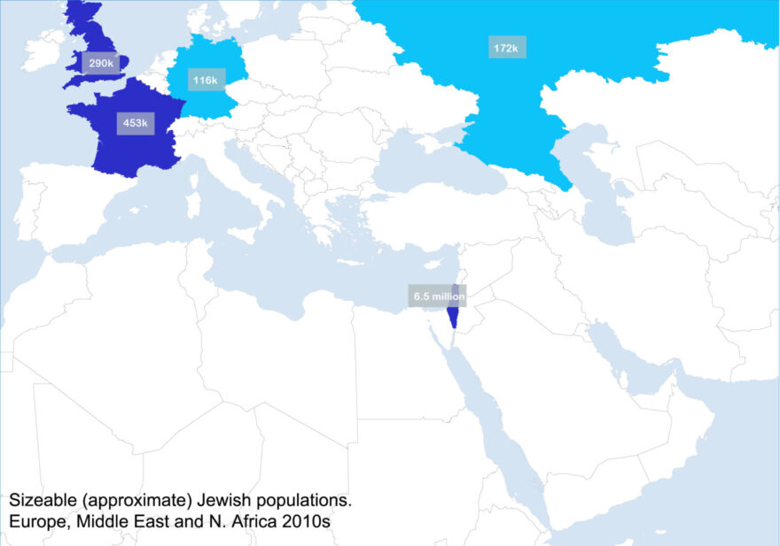 Map: Jewish populations Europe and MENA region 2010s