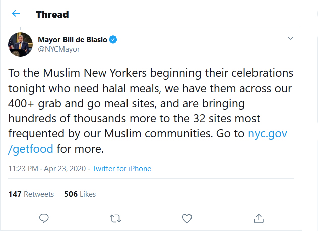 Mayor Bill de Blasio-tweet-23April2020-To the Muslim New Yorkers beginning their celebrations