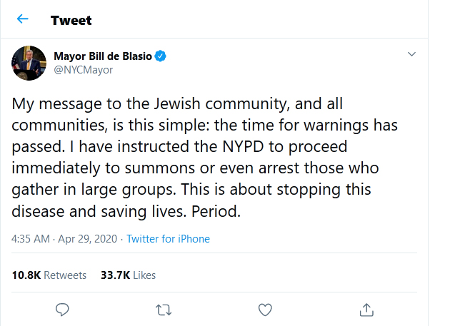 Mayor Bill de Blasio-tweet-29April2020 My message to the Jewish community