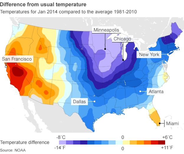 Map showing how temperatures across the US at the beginning of January 2014 have differed from the average between 1981-2010