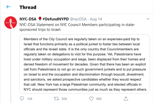 NYC-DSA-tweet-14August2020-Antisemitic-Litmus-Test