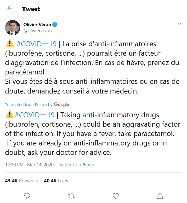 Olivier Veran-tweet-14March2020 - Taking anti-inflammatory drugs (ibuprofen, cortisone, ...) could be an aggravating factor of the infection