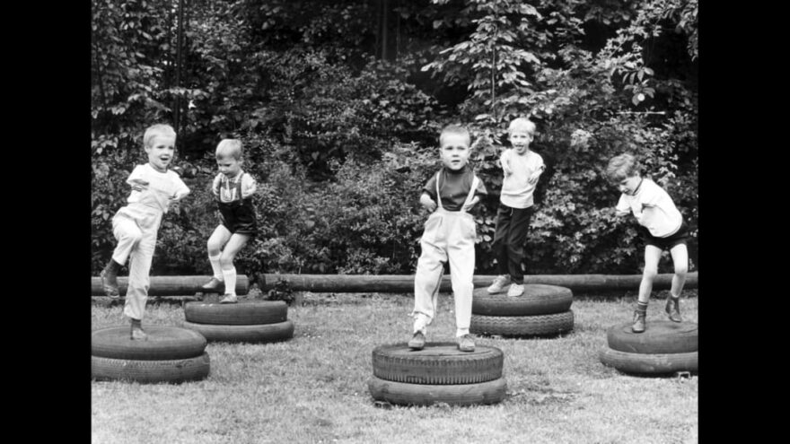  Children affected by Thalidomide jump on tires at the playground of the city run day care center for children suffering from dysmelia in Cologne, Germany, on March 24, 1968. DPA/Landov - Photos-History of Thalidomide