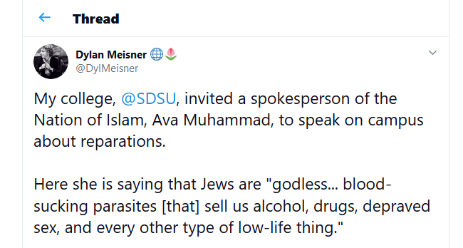 SDSU-Nation-of-Islam-spokesperson-Ava-Muhammad-22Dec2019-tweet, My college, @SDSU, invited a spokesperson of the Nation of Islam, Ava Muhammad, to speak on campus about reparations.