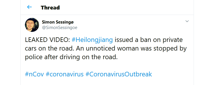 Simon-Sessingo-tweet-7Feb2020 LEAKED VIDEO: #Heilongjiang issued a ban on private cars on the road. An unnoticed woman was stopped by police after driving on the road