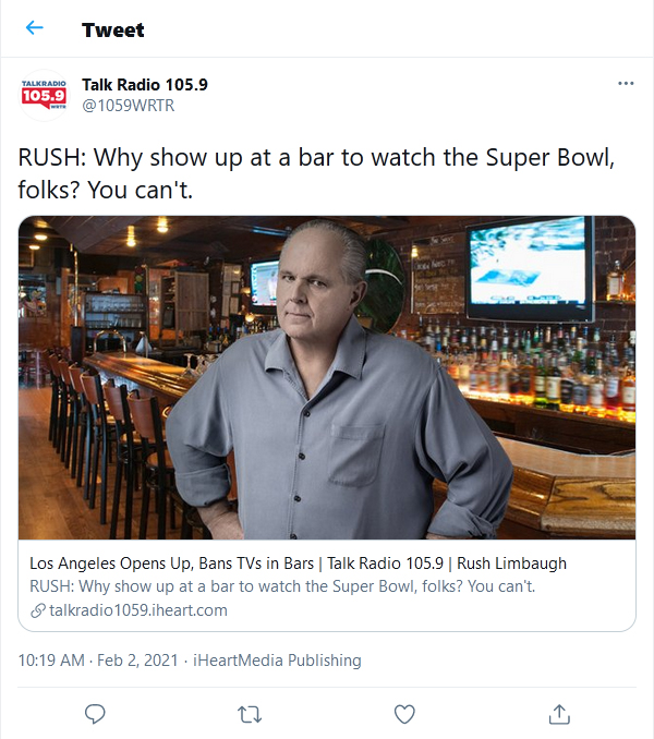 Talk-Radio-105.9-tweet-2Febuary2021 It’s a ritual of dining out to look out for the big screen televisions to keep updated on the Lakers score or monitor the NFL or soccer, even if your occasion is celebrating Mom’s birthday or closing a business deal.