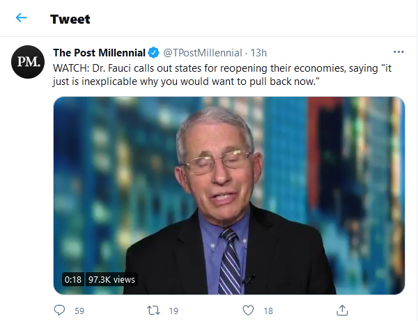 The-Post-Millennial-tweet-04March2021-Dr-Fauci WATCH: Dr. Fauci calls out states for reopening their economies, saying "it just is inexplicable why you would want to pull back now."