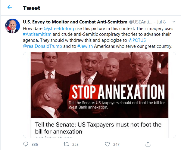 USEAntiSemitism-tweet-08July2020 How dare @jstreetdotorg use this picture in this context. Their imagery uses #Antisemitism and crude anti-Semitic conspiracy theories to advance their agenda. They should withdraw this and apologize to @POTUS @realDonaldTrump and to #Jewish Americans who serve our great country.