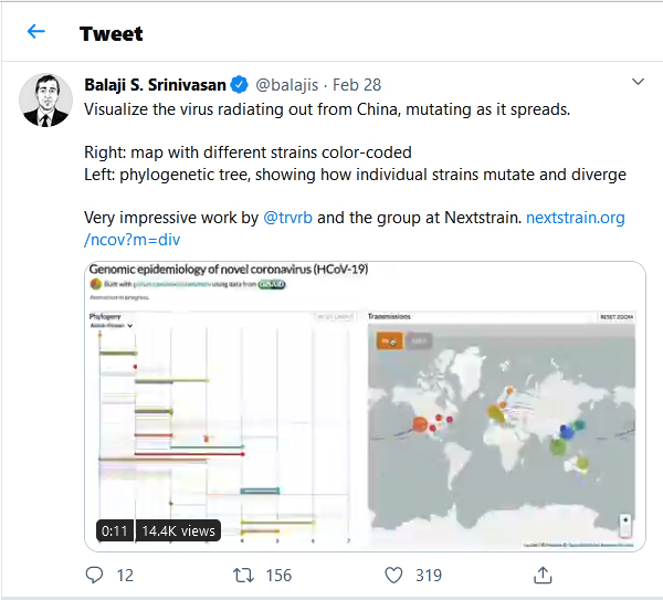 Balaji S. Srinivasan tweet-28feb2020 Visualize the virus radiating out from China, mutating as it spreads.