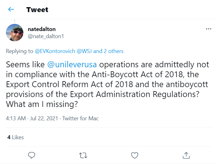 natedalton-tweet-22July2021-Seems like Unileverusa operations are admittedly not in compliance with the Anti-Boycott Act of 2018