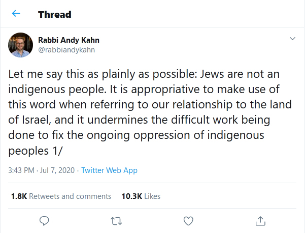 Rabbi Andy Kahn tweet-07July2020-Jews-are-not-an-indigenous-people