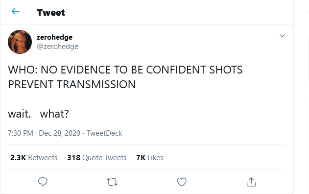 zerohedge-tweet-28December2020-Covid-vaccine WHO: NO EVIDENCE TO BE CONFIDENT SHOTS PREVENT TRANSMISSION