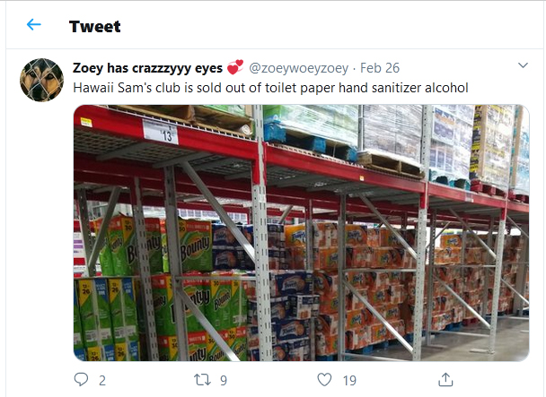 zoey-tweet-sams-club-out-of-tp-26Feb2020 Hawaii Sam's club is sold out of toilet paper hand sanitizer alcohol